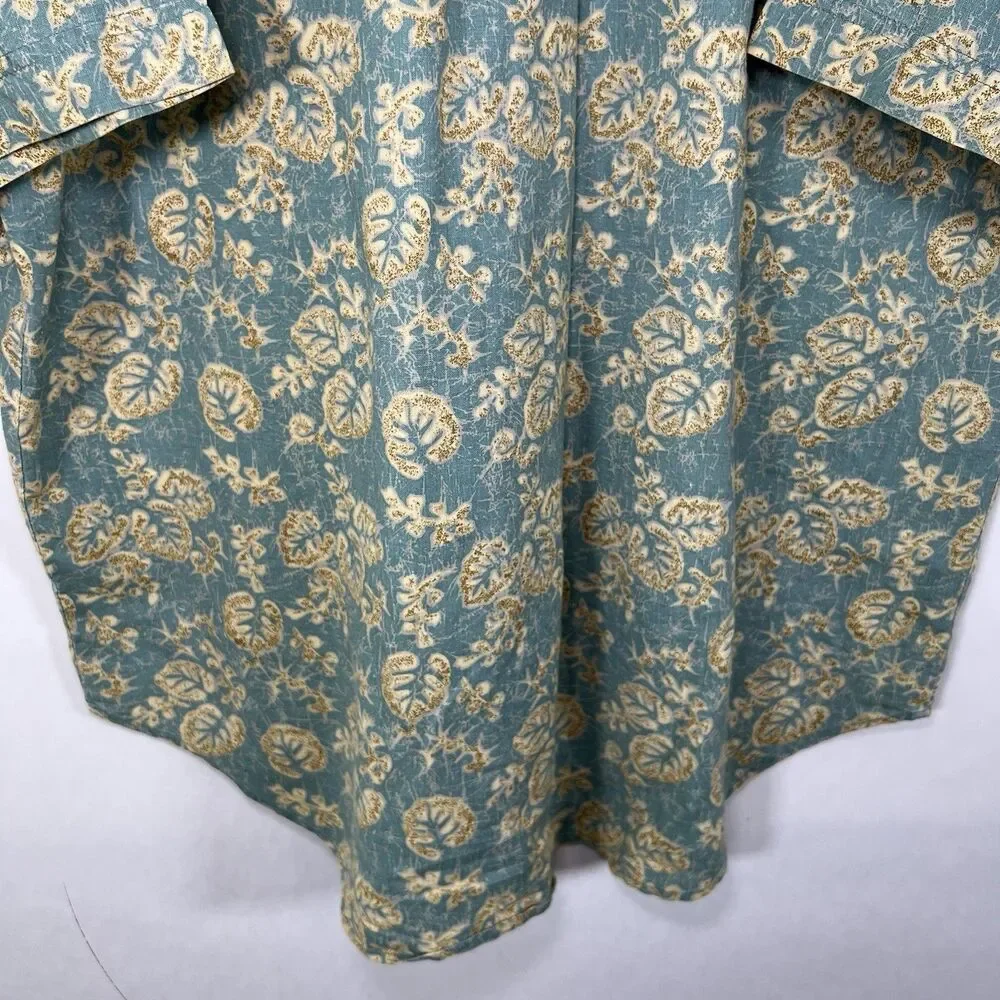 Vintage Bugle Boy Short Sleeve Button Down Shirt Mens XL Blue Beige Floral Ramie